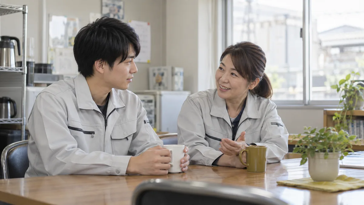 新入社員と上司が休憩室で自然に会話するイメージ